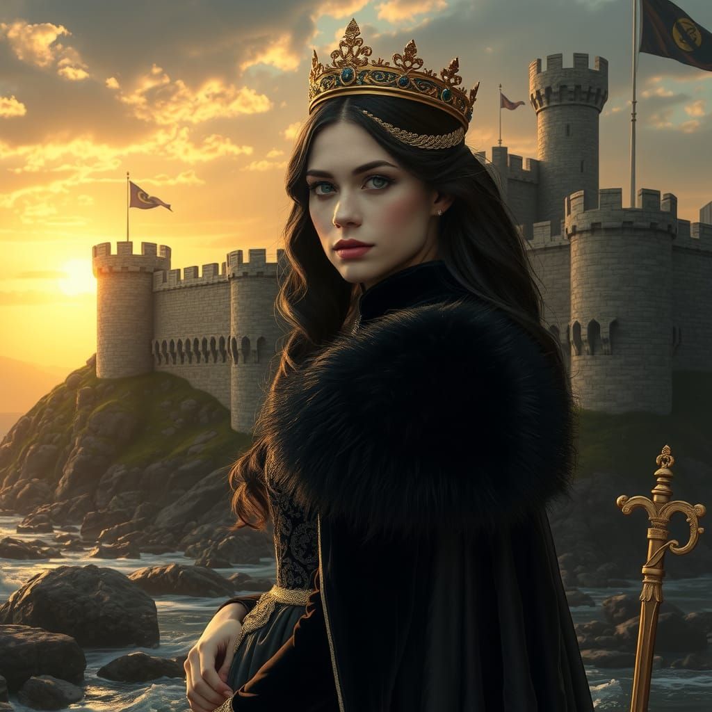 Brunhild in Velvet Gown at Castle Sunrise