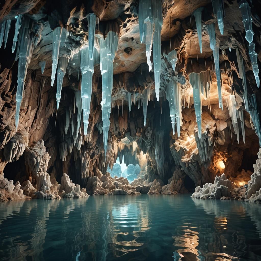 Crystal Cave Interior with Underground Lake