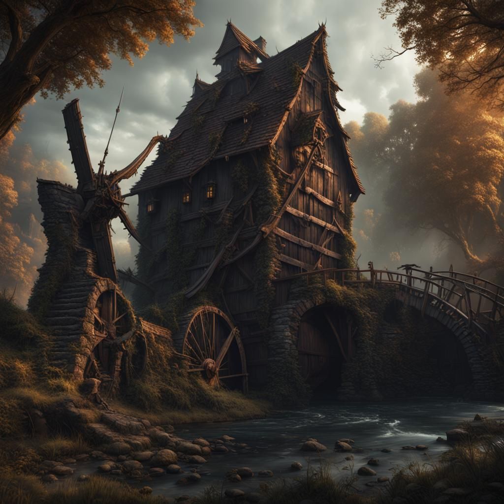 Evil Goblin at Watermill: Detailed Matte Painting