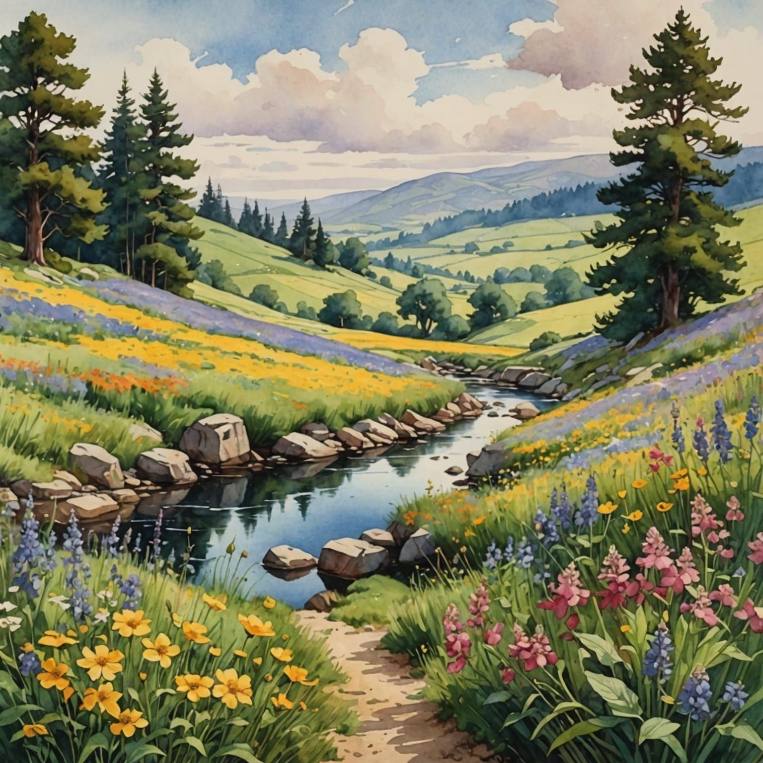 Watercolor Countryside Landscape in Anime Style