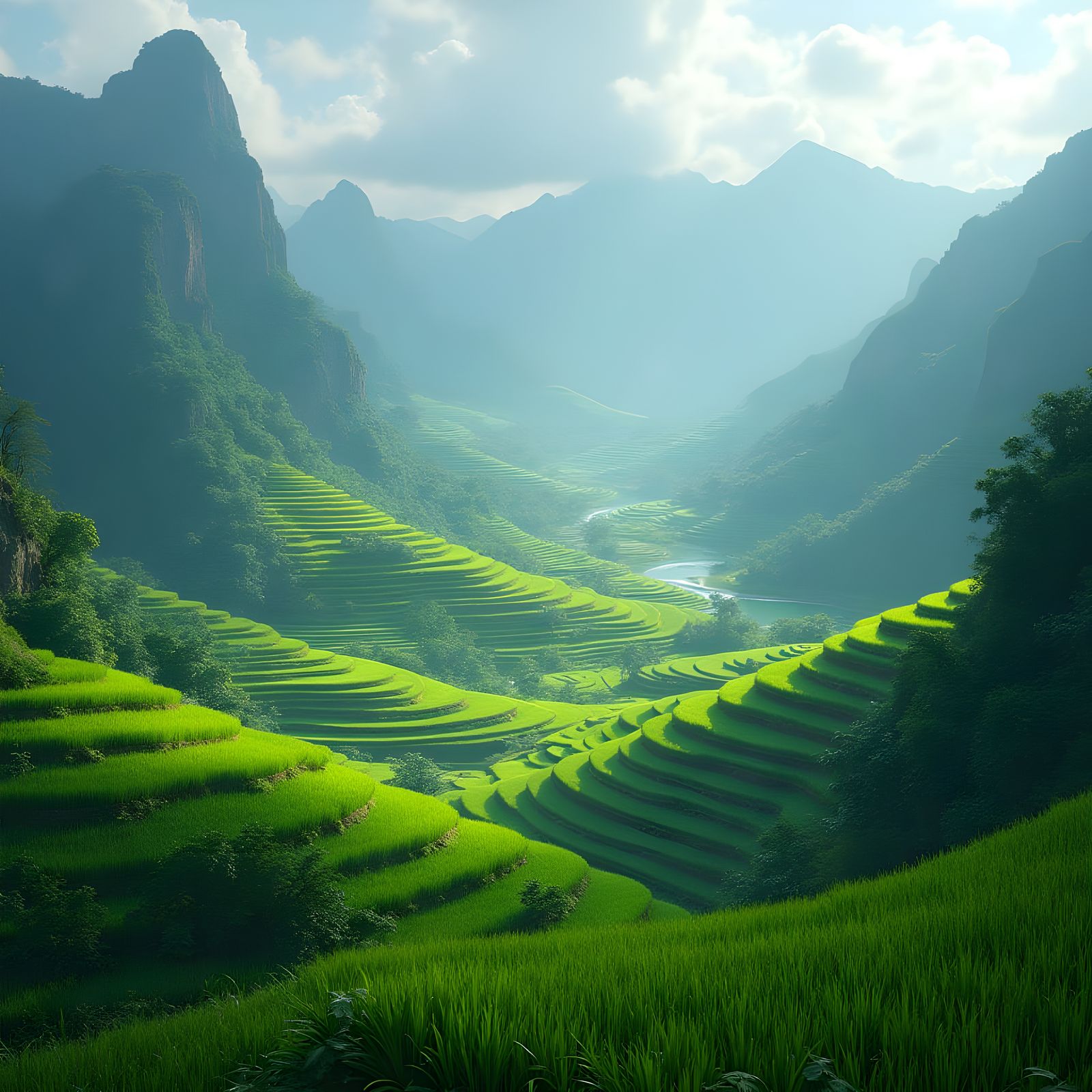Lush Green Rice Terraces in Detailed Matte Painting