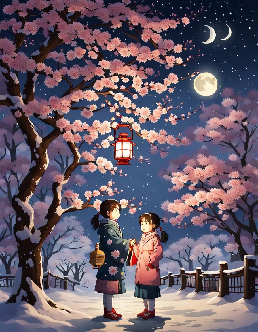 Girl with Lantern Under Sakura Tree at Night