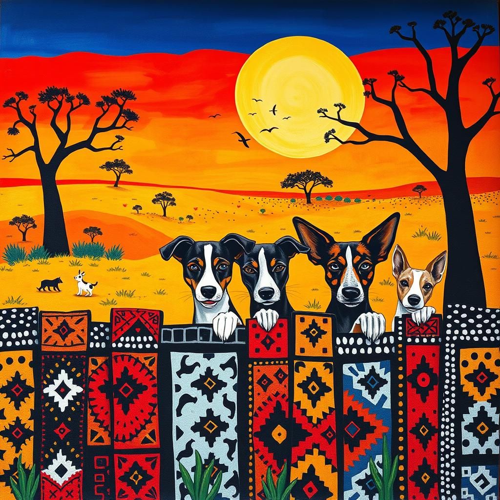 Ndebele Mural: Curious Dogs in African Savannah