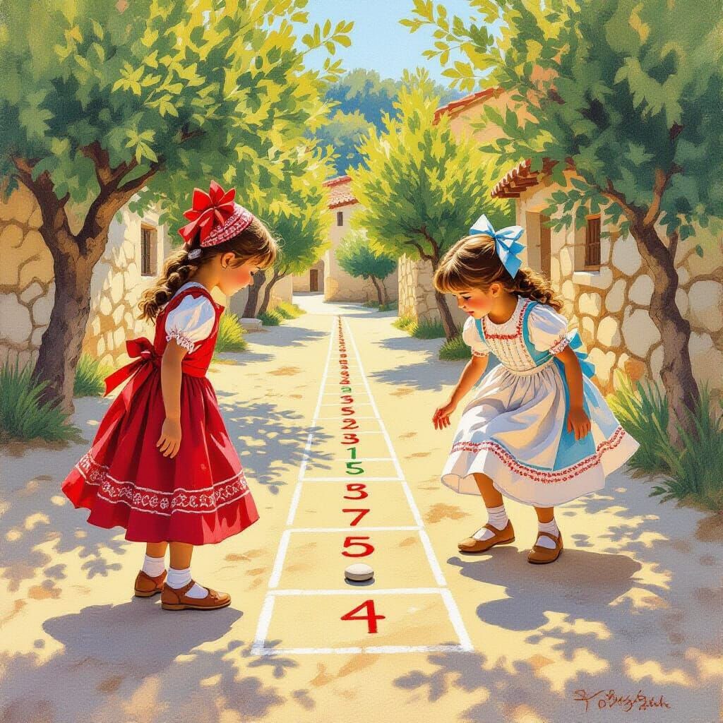 Sardinian Girls Play Pincaro in Storybook Style