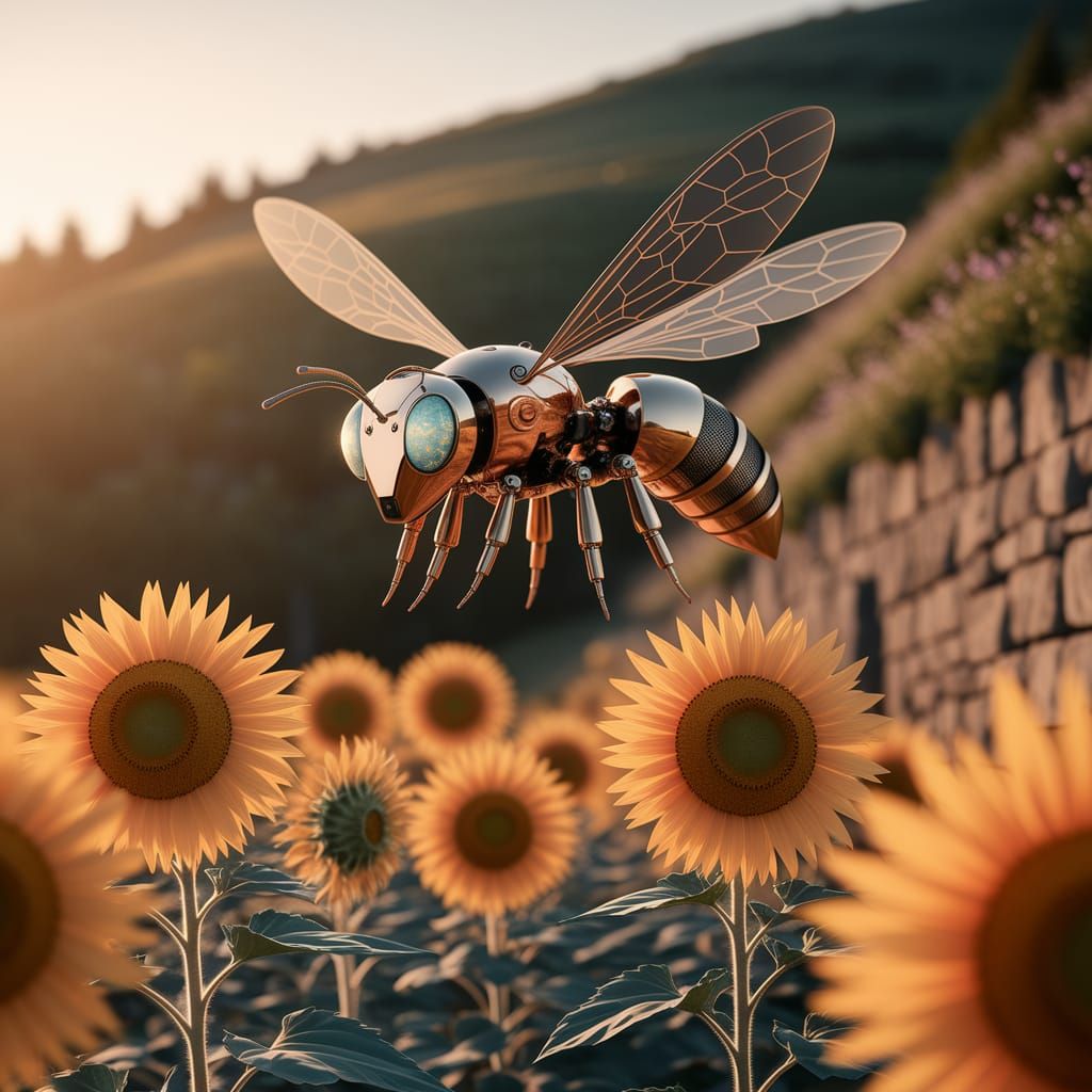 Bio-Robotic Bee in Sunflower Field, Vintage Botanical Style