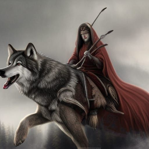 Fantastical Giantess Rides Wolf in Detailed Matte Painting