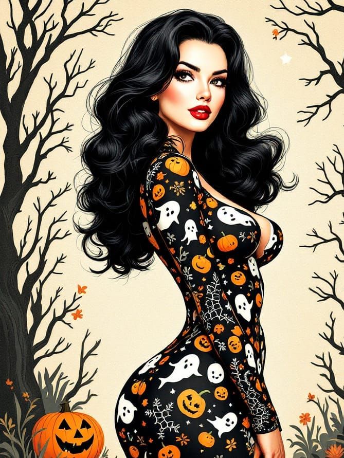 Vintage Pinup Halloween Art in 1950s Graphic Style