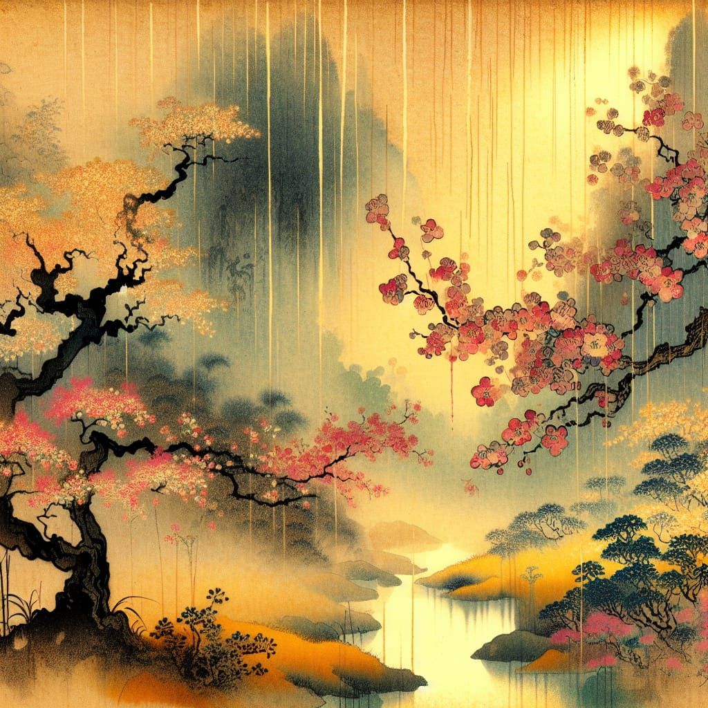 Spring Garden Rain in Ukiyo-e Style