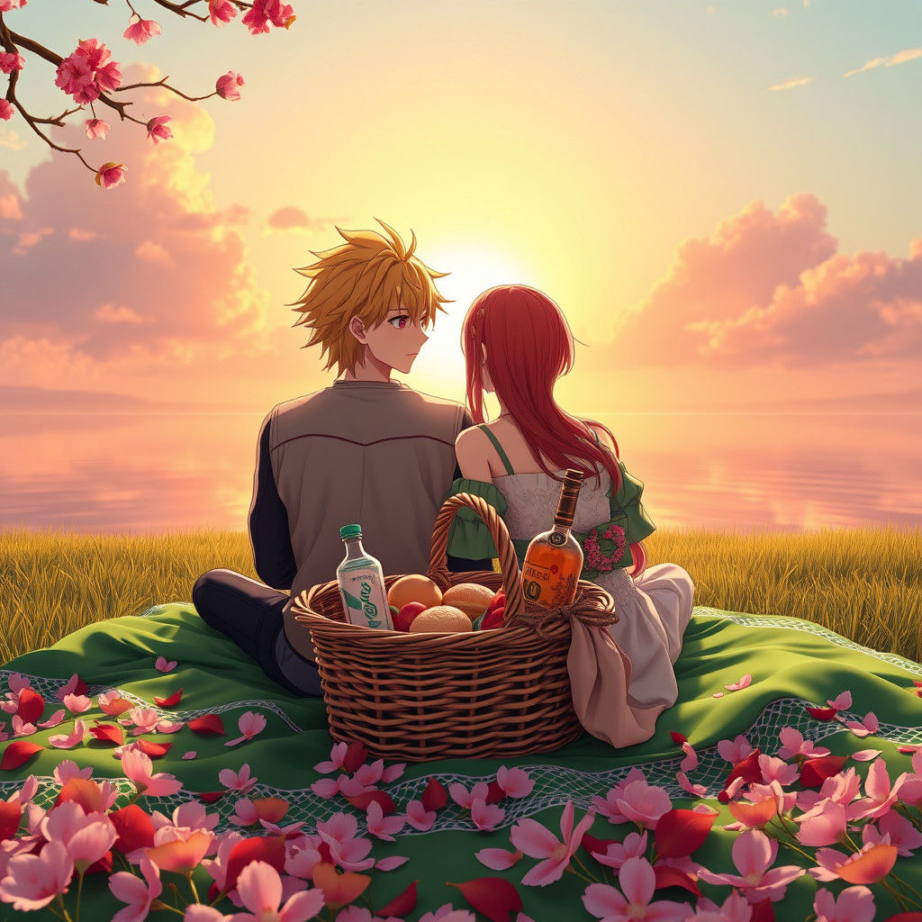 Romantic Picnic at Sunset in Anime Art Style