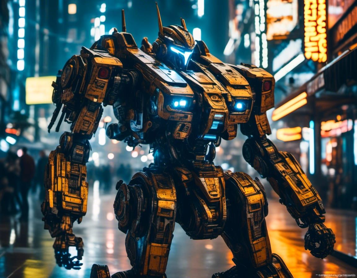 Retro Mecha in Cyberpunk City, Digital Art