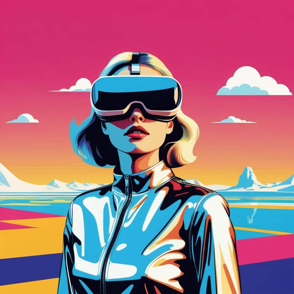 Retro-Futuristic VR Travel Ad in Pop Art Style