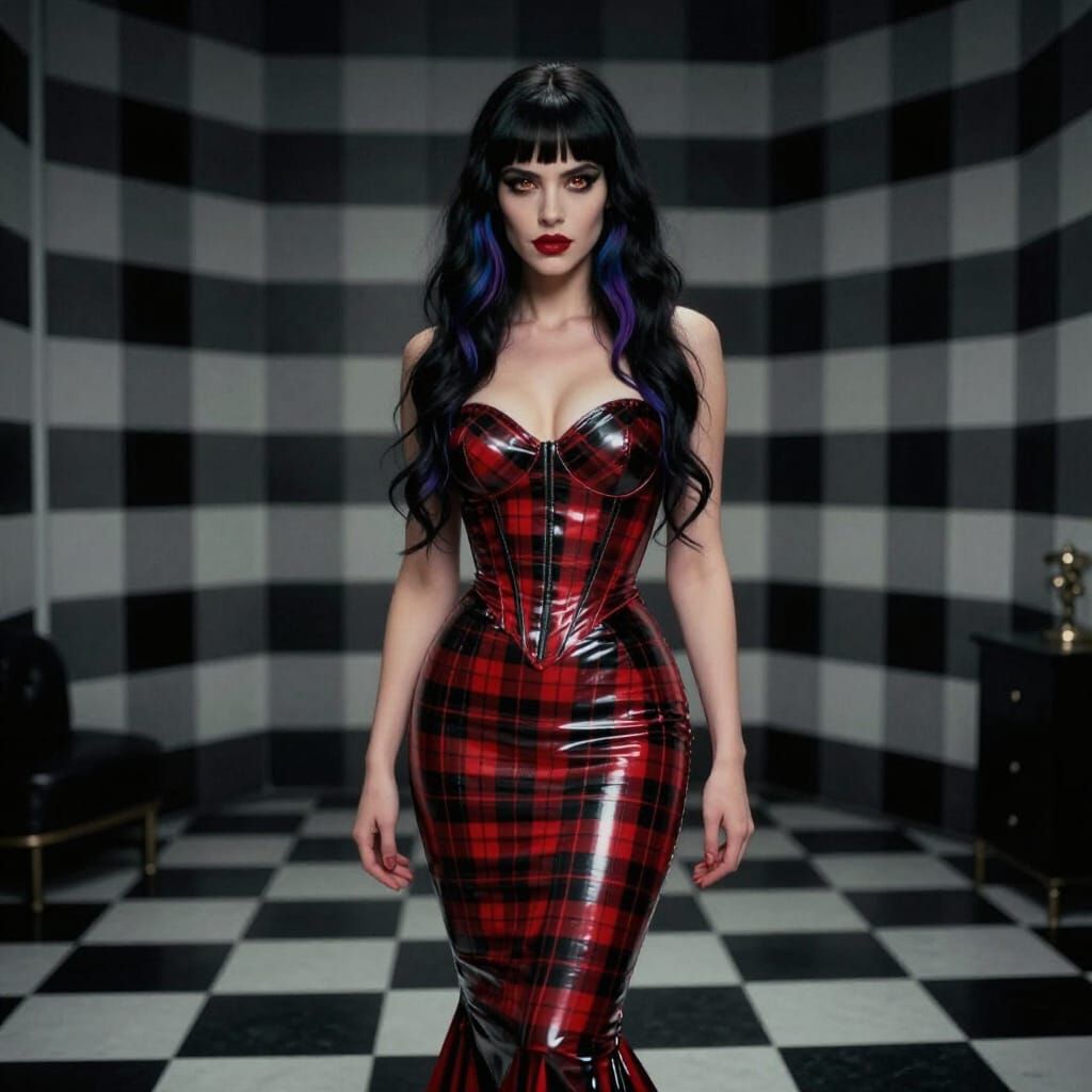 Woman in Plaid Latex Gown, Cinematic Film Still
