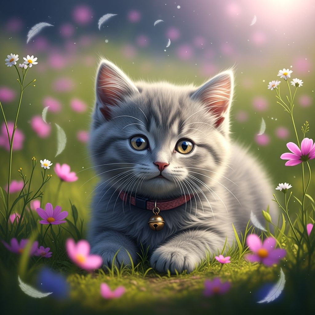 Fluffy Kitten in Wildflower Field: Photorealistic