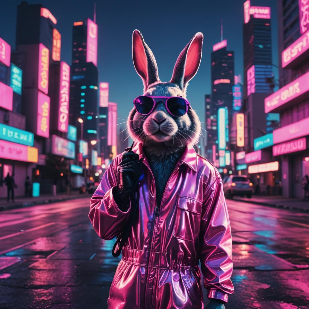 Rabbit in Neon Cityscape: Synthwave Art