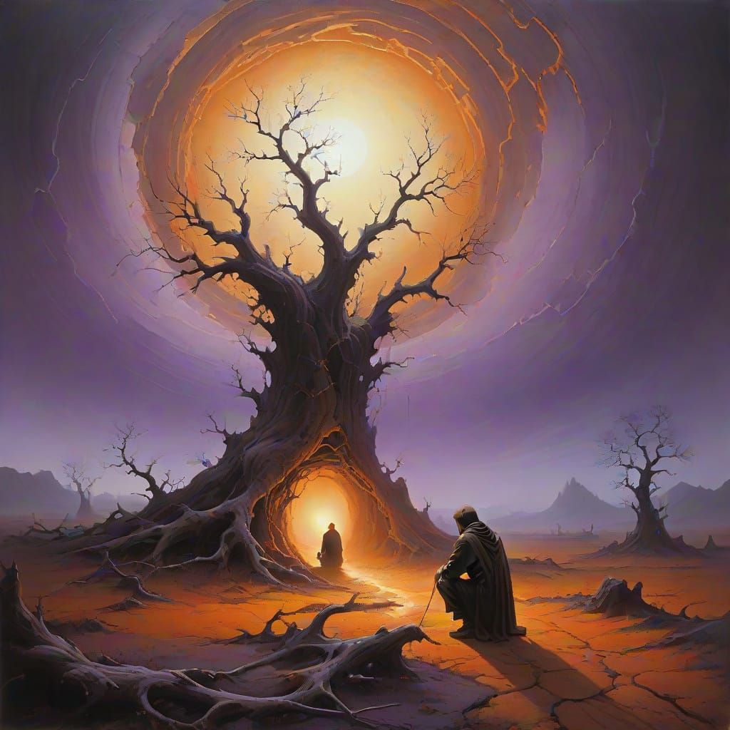 Figure Kneels at Swirling Portal in Desolate Landscape Oil P...