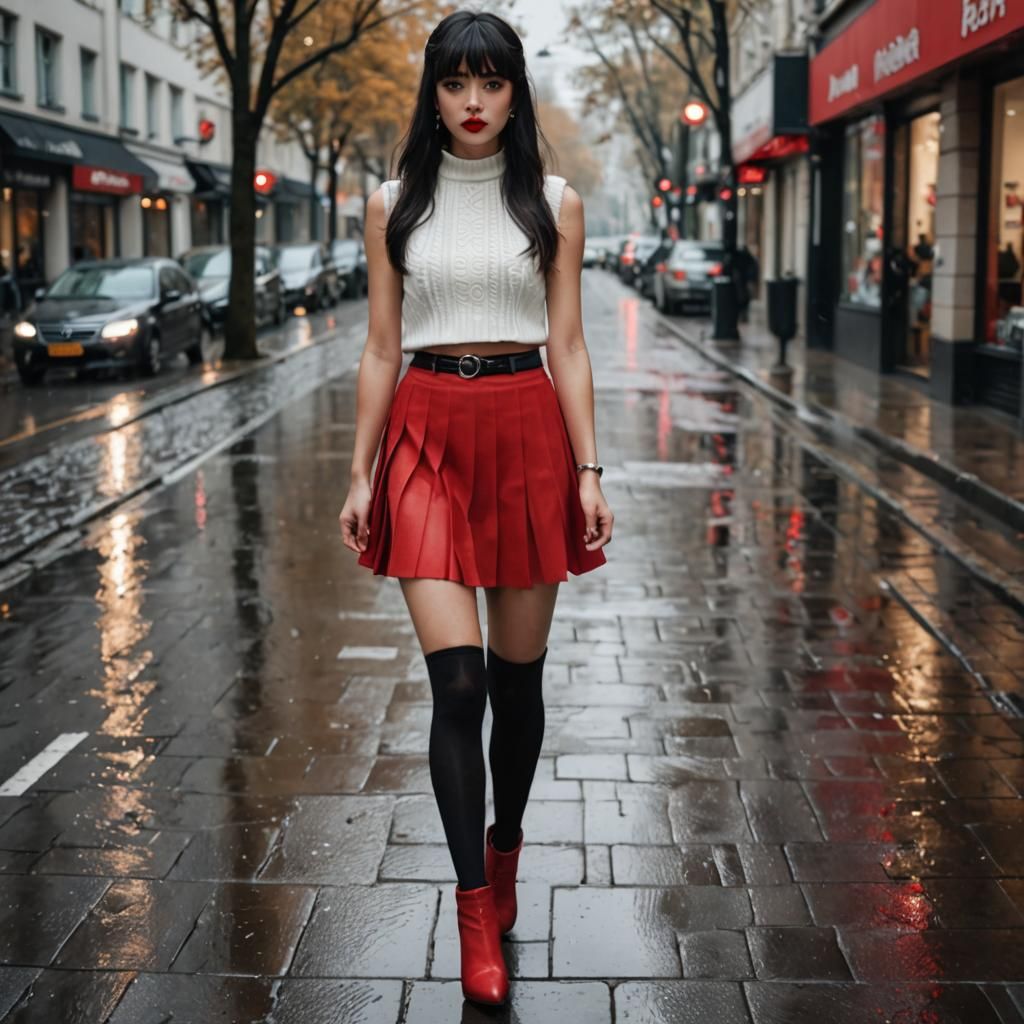 Woman in Red Skirt and Boots in Rainy Street