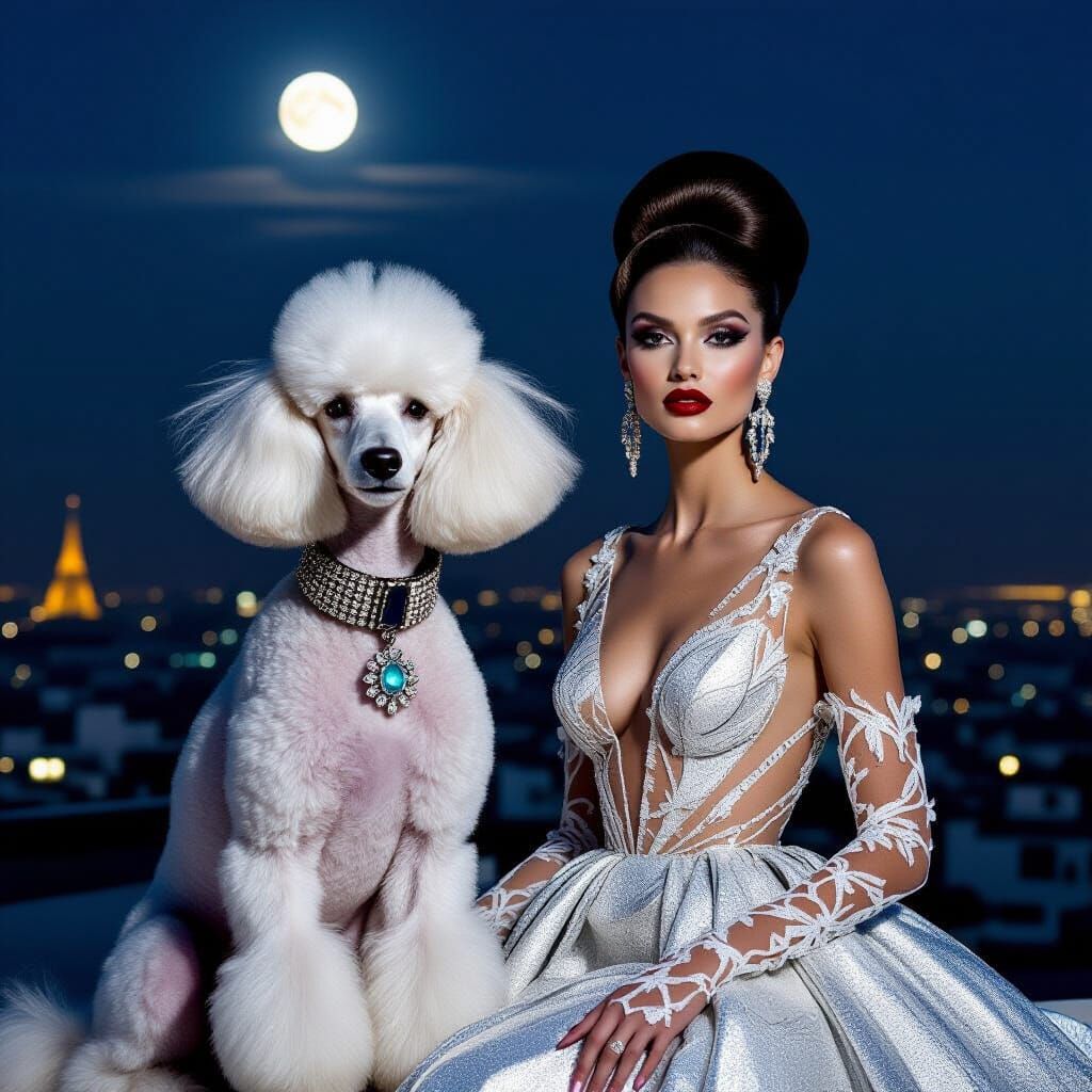 Glamorous Poodle and Model on Parisian Rooftop