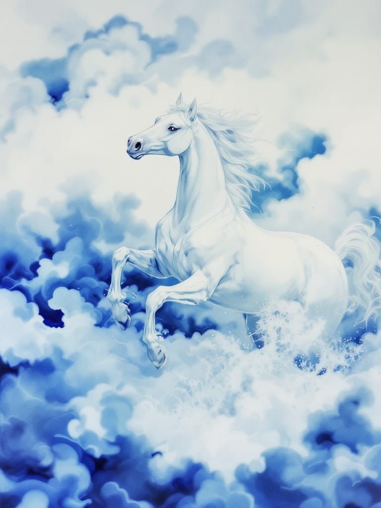 Horse in Blue-White Layers: Hiroshige & Ingres Style