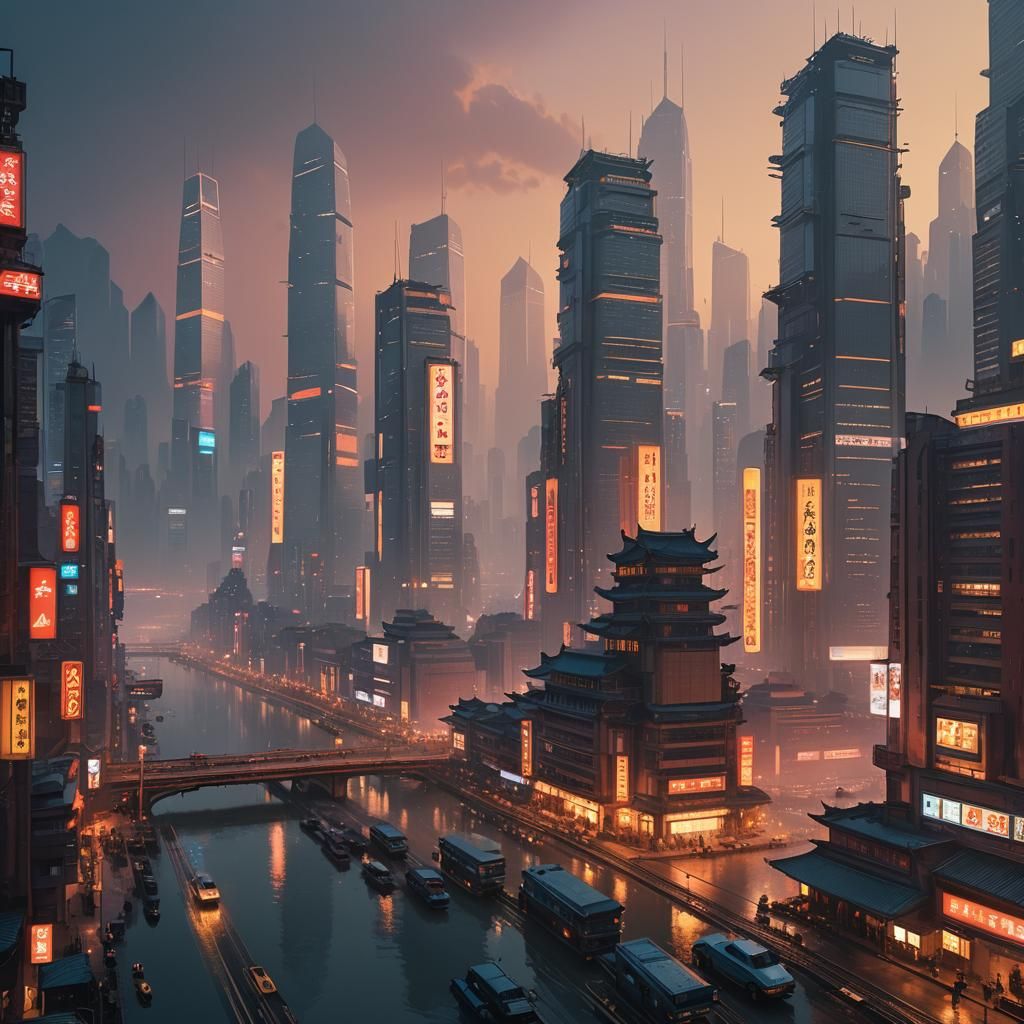 Epic China Cityscape at Dusk: Cinematic Digital Painting