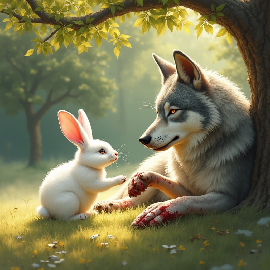 Whimsical Forest Encounter: Rabbit Tends to Injured Wolf