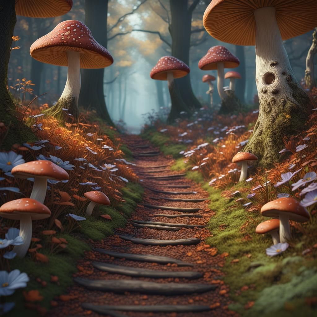 Enchanted Autumn Trail Through Mushroom Forest