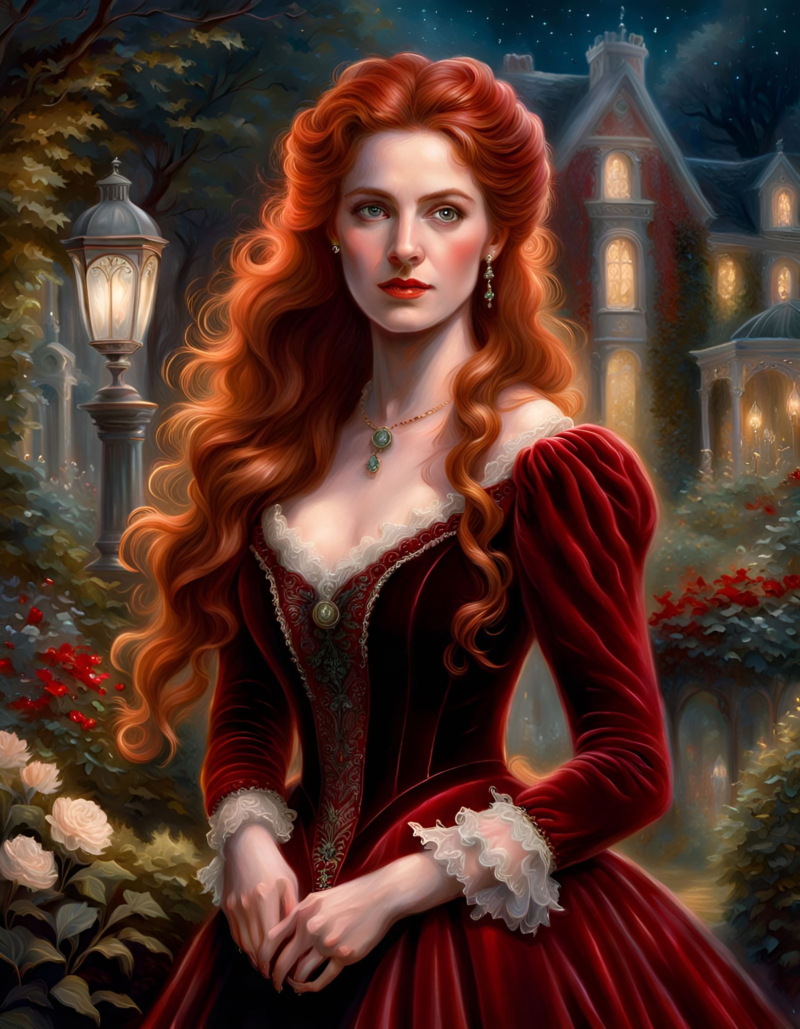 Victorian Woman in Red Velvet Dress, Ethereal Portrait