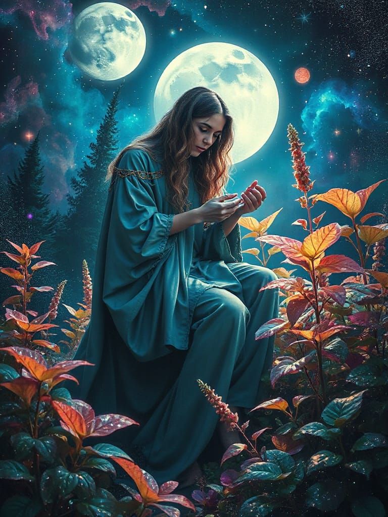 Cosmic Herbalist Tending Luminous Plants in Nebula Garden