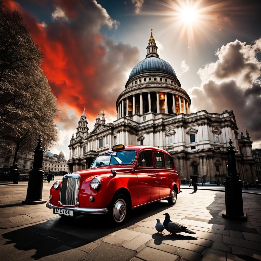 An amazing photo of St Paul's Cathedral in London., with a London taxi in the foreground.