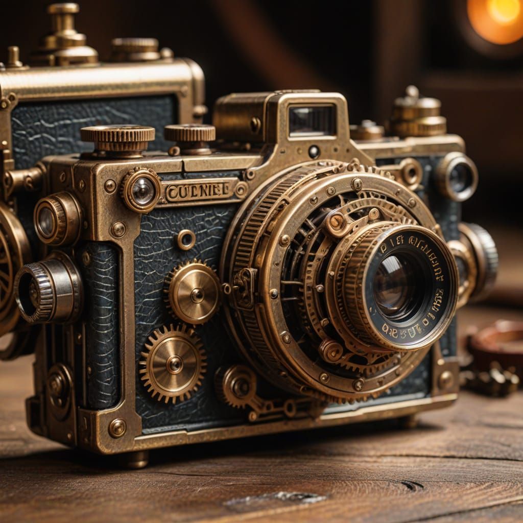 Steampunk Camera Close-up in Golden Hour Lighting