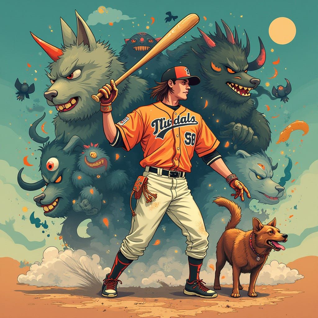 Baseball Player Surrounded by Yokai Spirits in a Vibrant Dre...