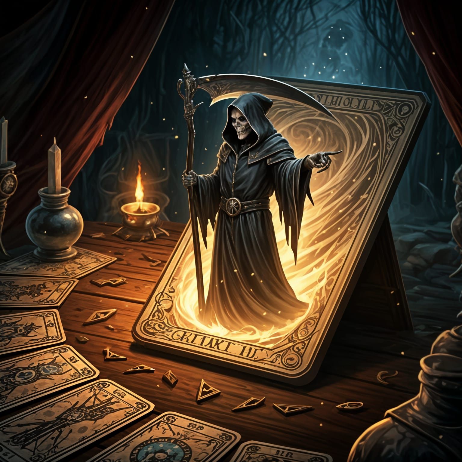 Grim Reaper Emerges from Tarot Card in Cell-Shaded Art