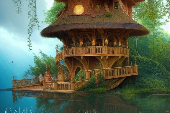 Intricate Fairy Treehouse with Waterslide, Art Nouveau