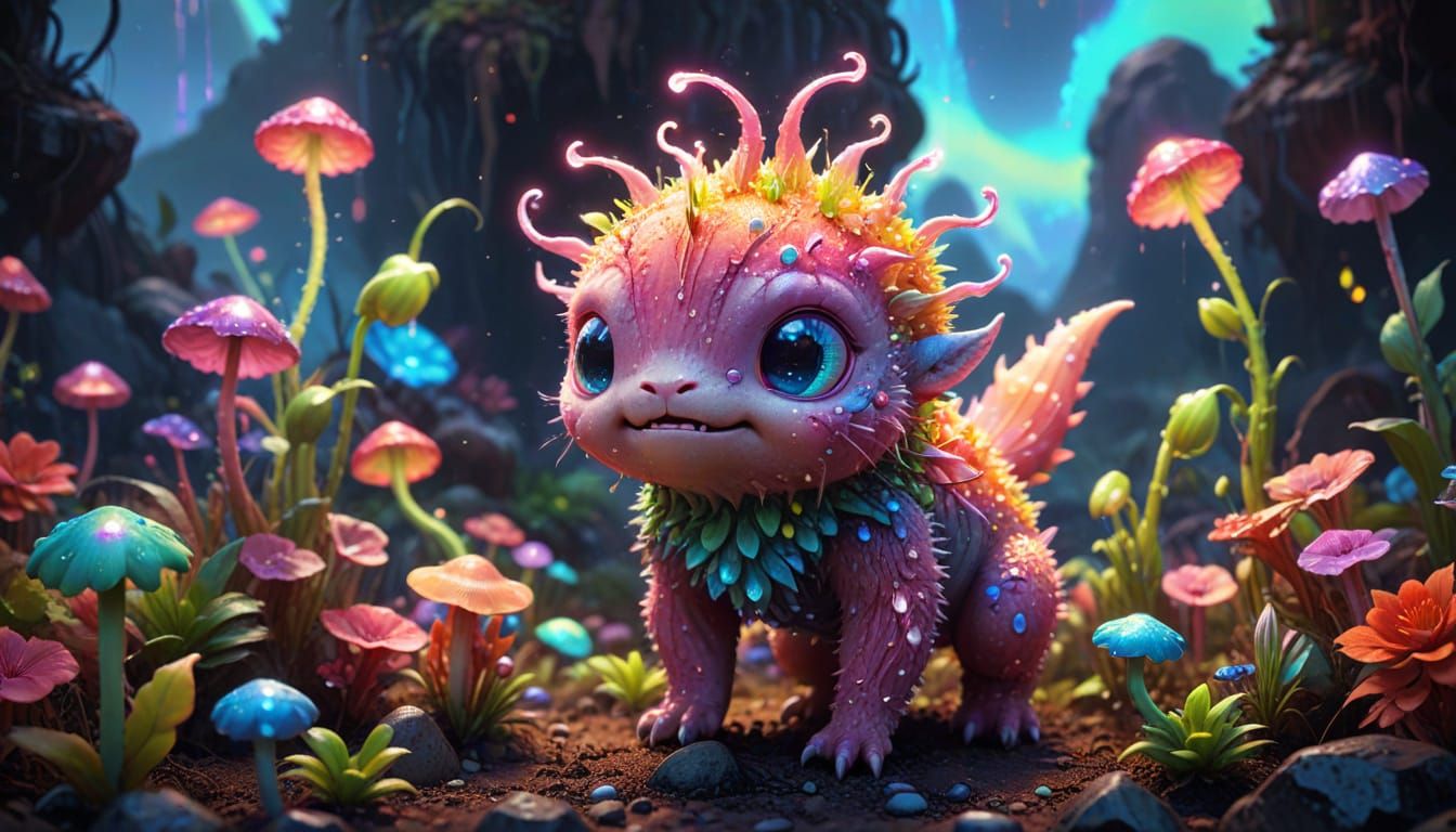 Kawaii Creature in Neon Wasteland: Anime Concept Art