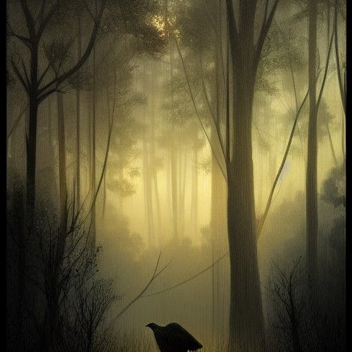 Sinister Dark Forest Sunset with Crows