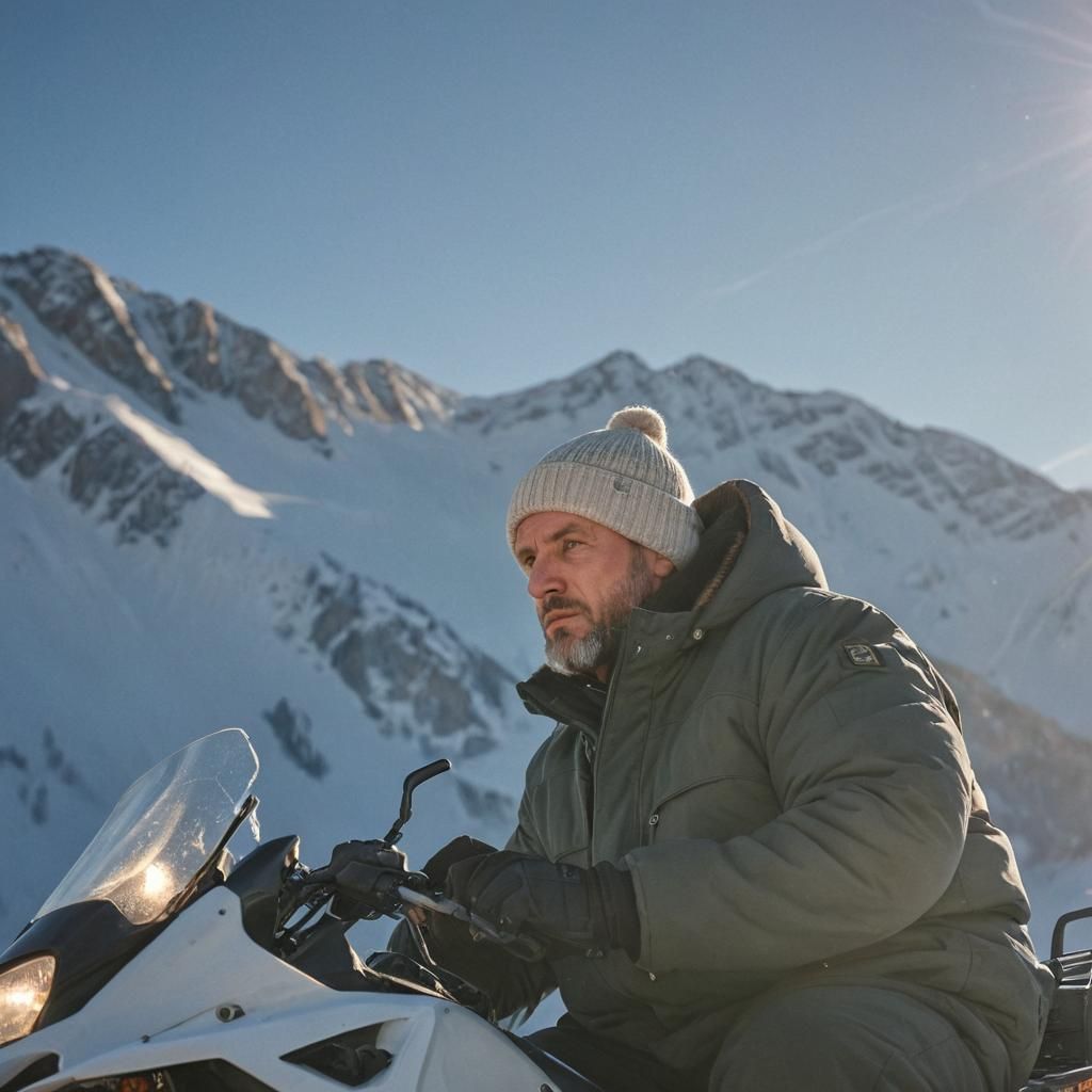 Man on Snowmobile in Snowy Mountain Landscape