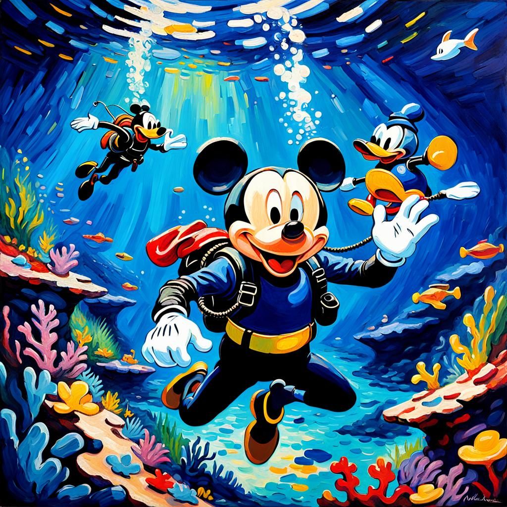 Mickey mouse and Donald duck scuba diving together neo-impressionism expressionist style oil painting, smooth post-impre...