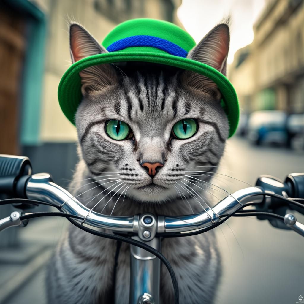 Happy Gray Cat Rides Bike: Hyperrealistic Image