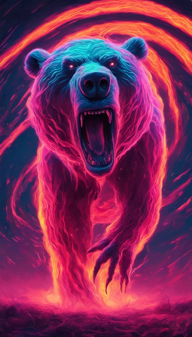 Neon Tornado with Screaming Bear in Surrealcore Style