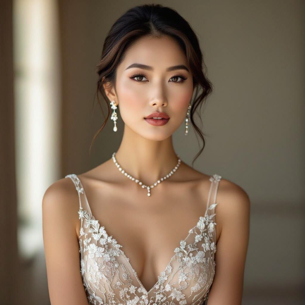 Elegant Asian Woman in Couture Dress, Editorial Style