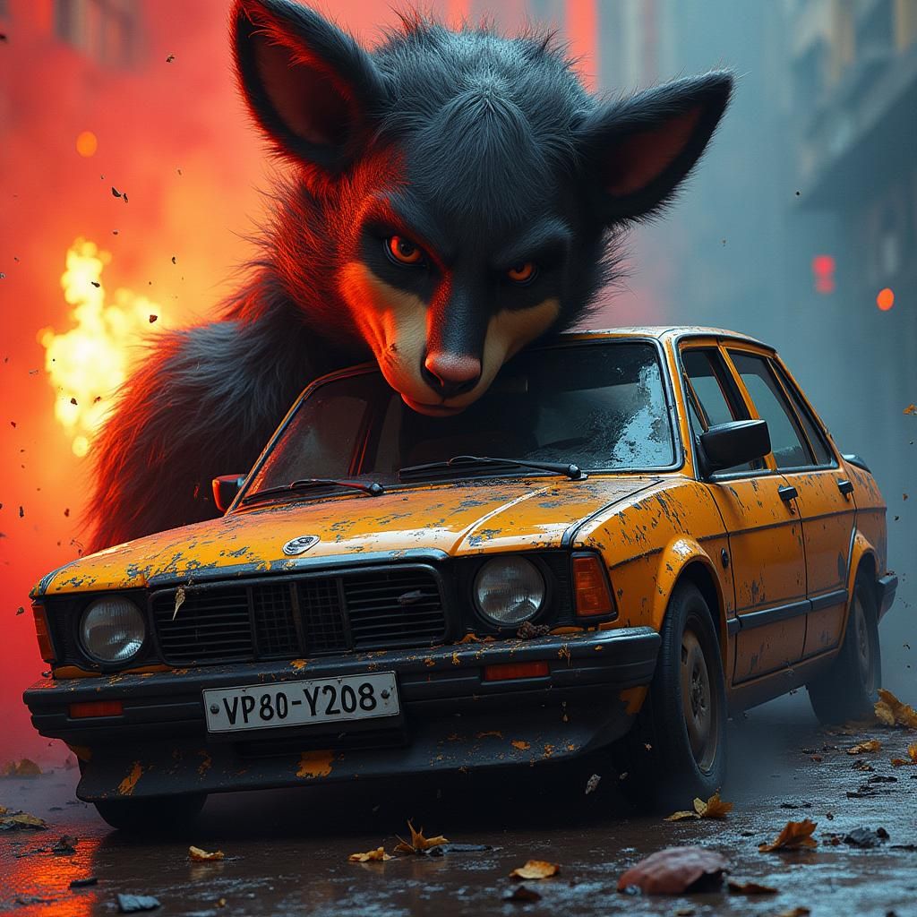 Marten and Damaged Car in Splash Art Style