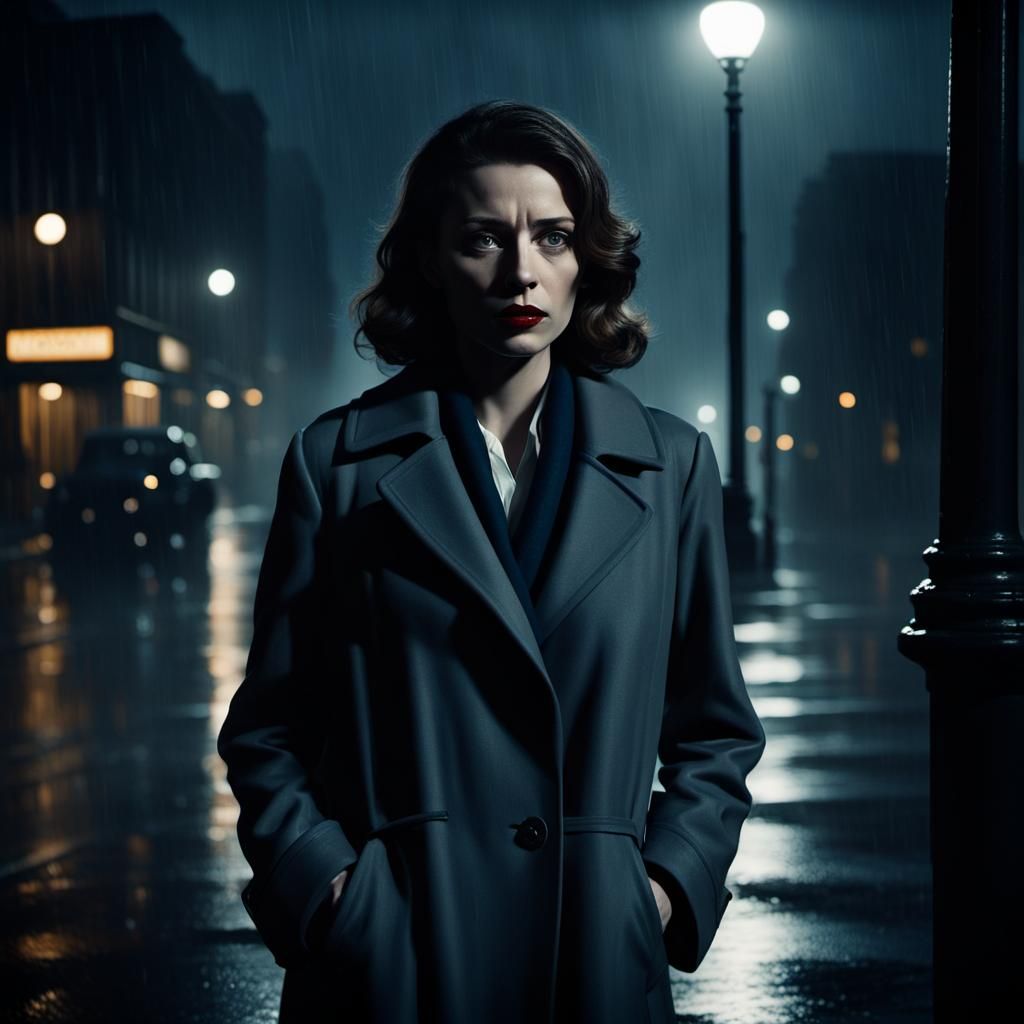 Film Noir Woman in Rainy City Street