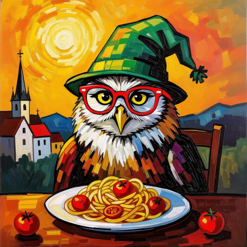 Whimsical Owl Covered in Noodles and Tomato Sauce