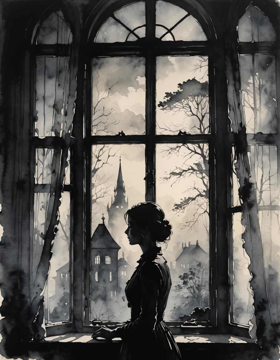 Monochrome Silhouette of Woman at Misty Window