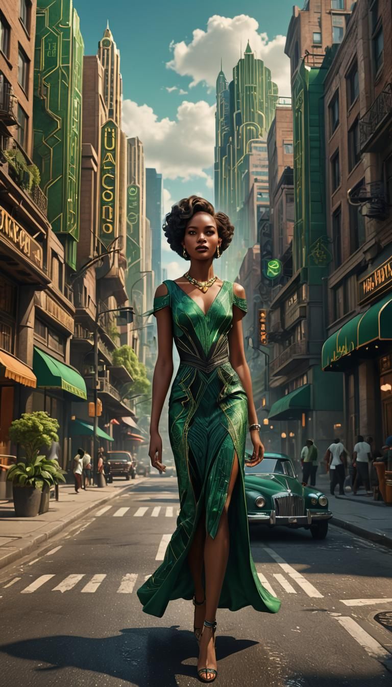 A black woman wearing a vibrant green dress on the streets o...