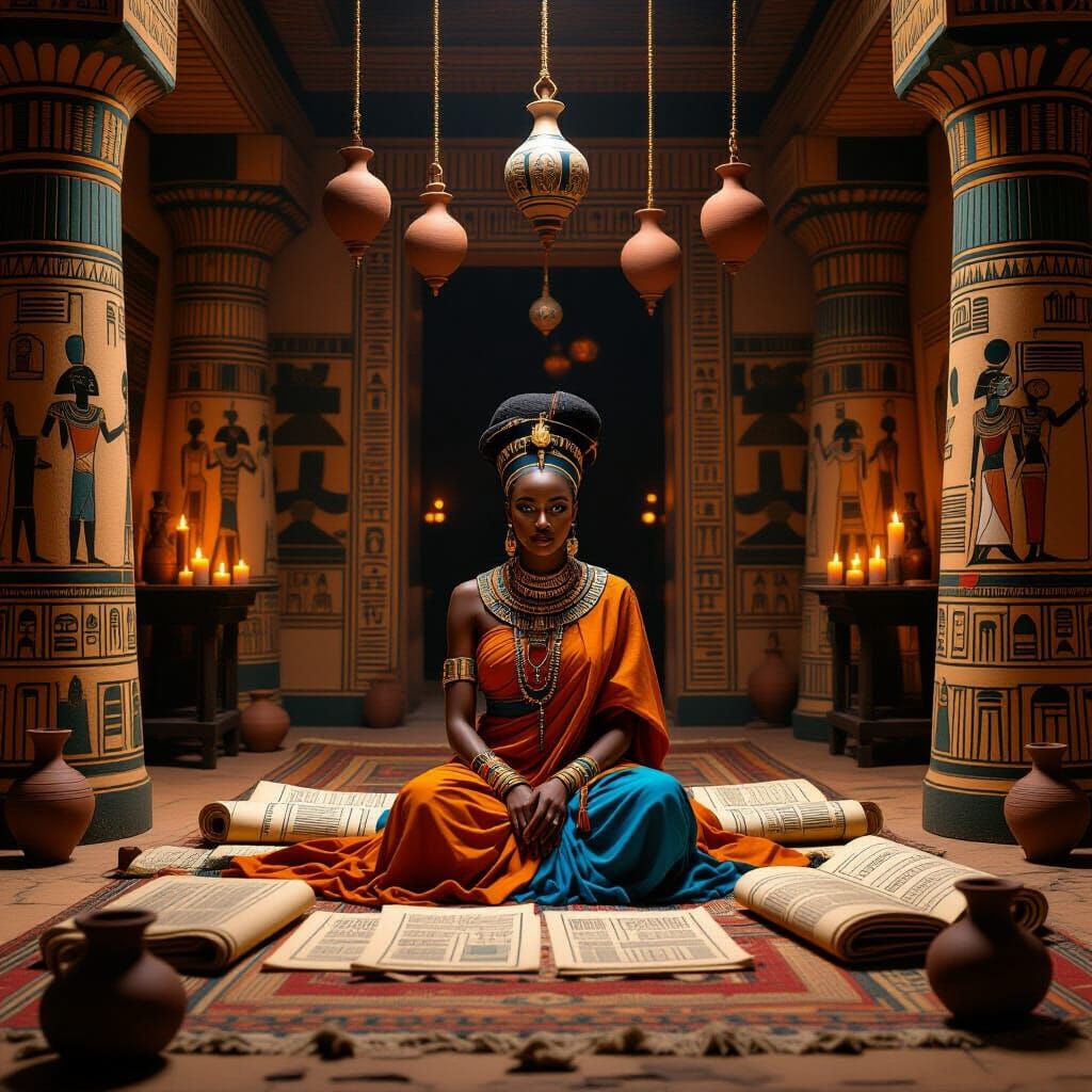 Regal Woman in African Palace with Ancient Scrolls