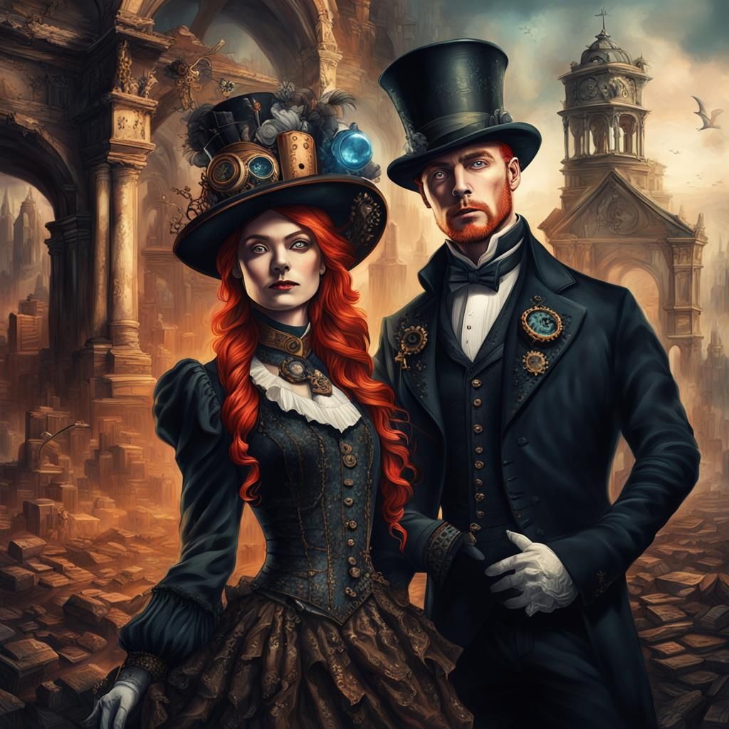 Steampunk Couple in Gothic Ruins Portrait