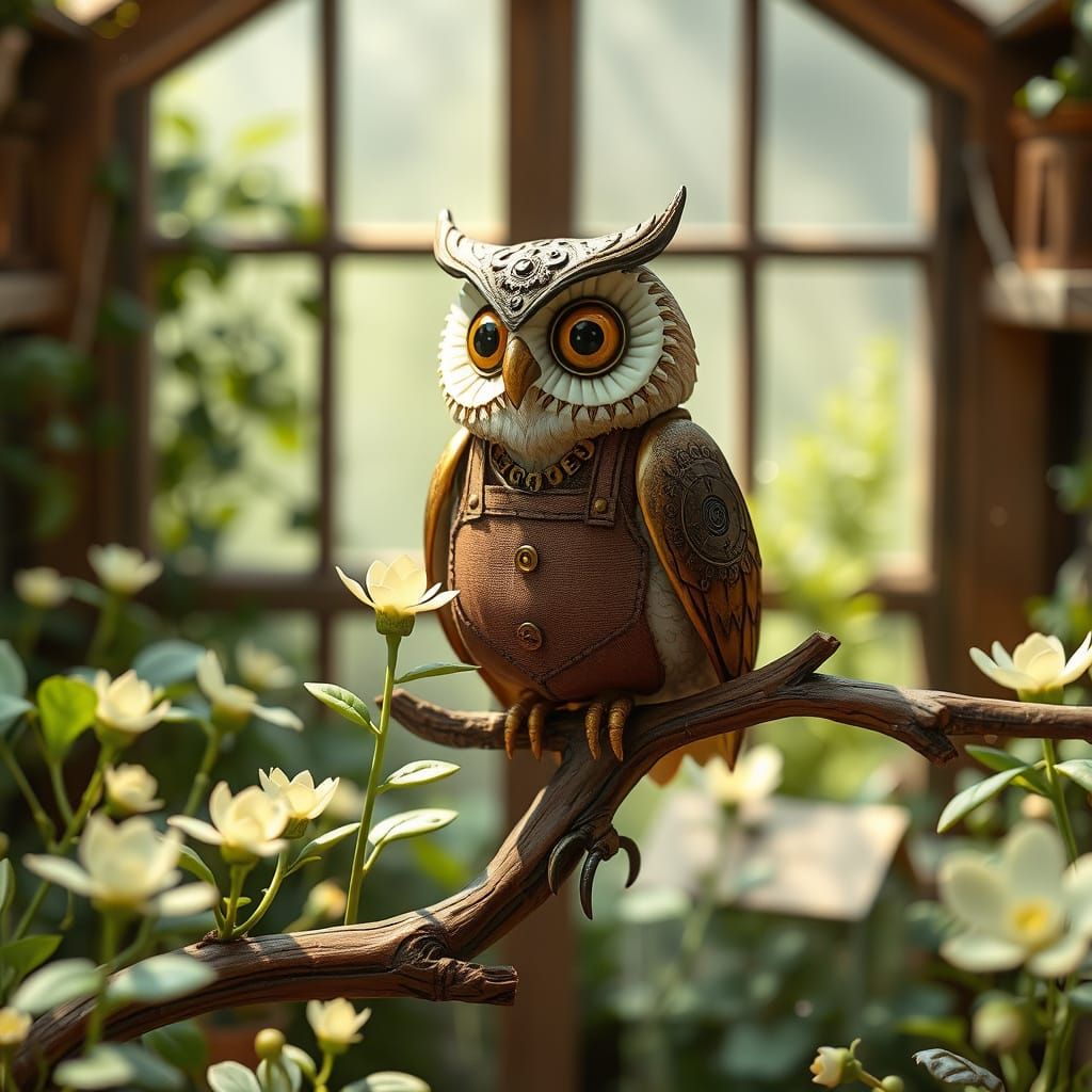 Clockwork Owl Nurturing Plants in Nostalgic Greenhouse