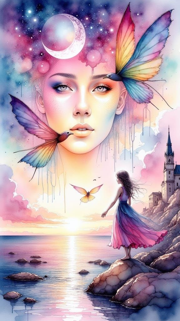 Magical Watercolour Birds Fly Over the Ocean