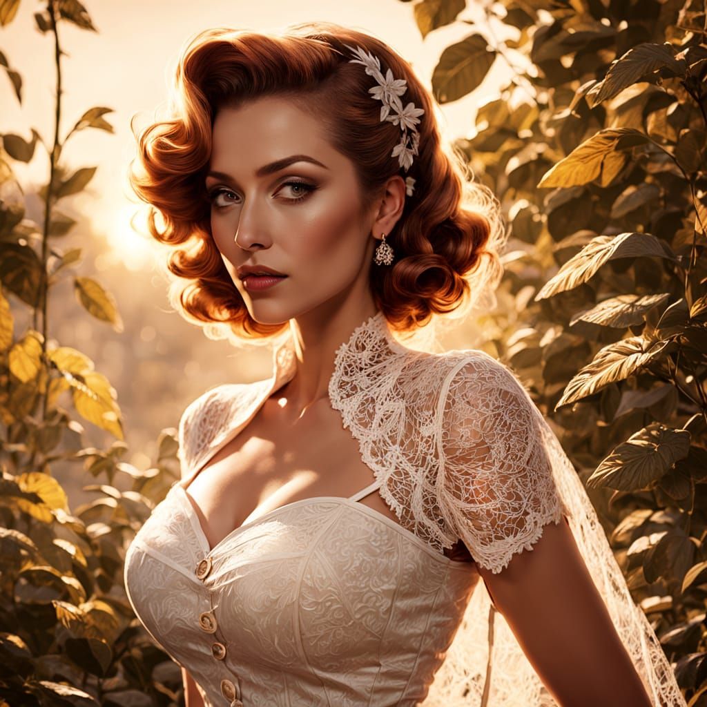 Retro Pin Up Lady in Garden at Golden Hour