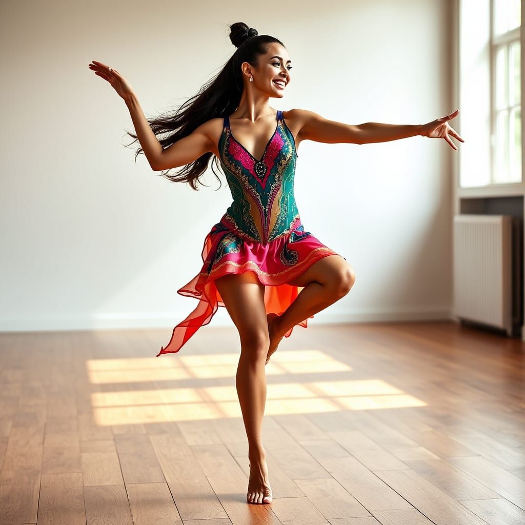 Sleek Acro Dancer in Vibrant Costume, Captured in Sunlit Stu...